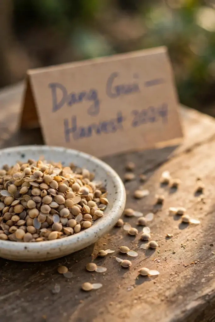 Fresh dang gui seeds in a small dish with a handwritten harvest-year label