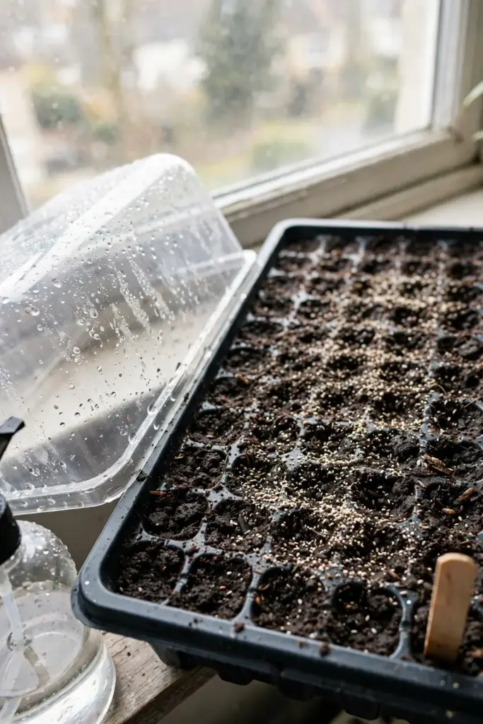 Seed tray with dang gui seeds pressed onto the soil surface under a humidity dome
