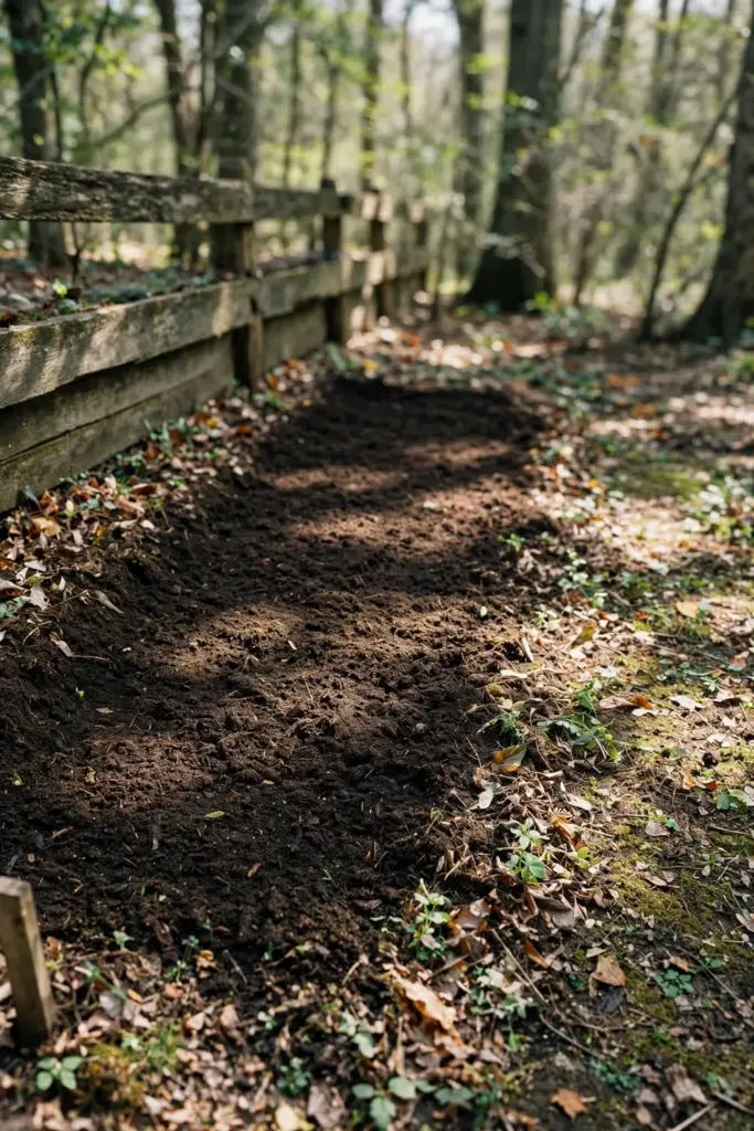 Empty shaded garden bed along a fence with dappled light, ready for planting dang gui