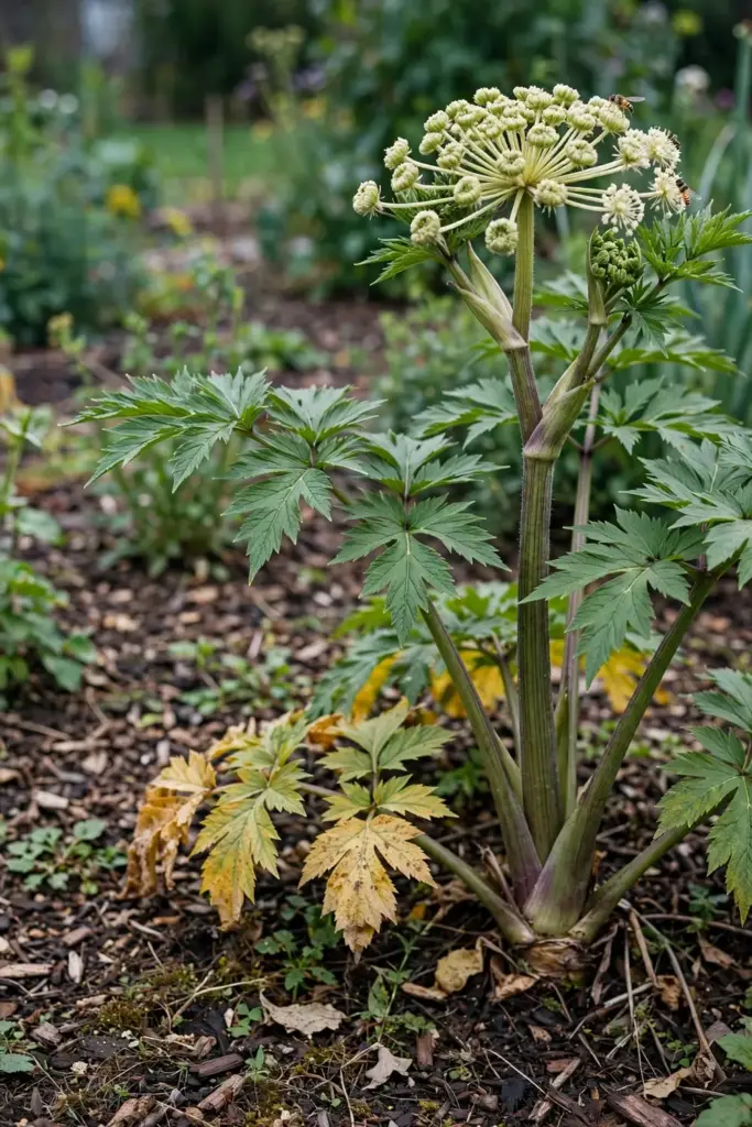 Mature second-year dang gui plant with purplish stems and an opening flower umbel