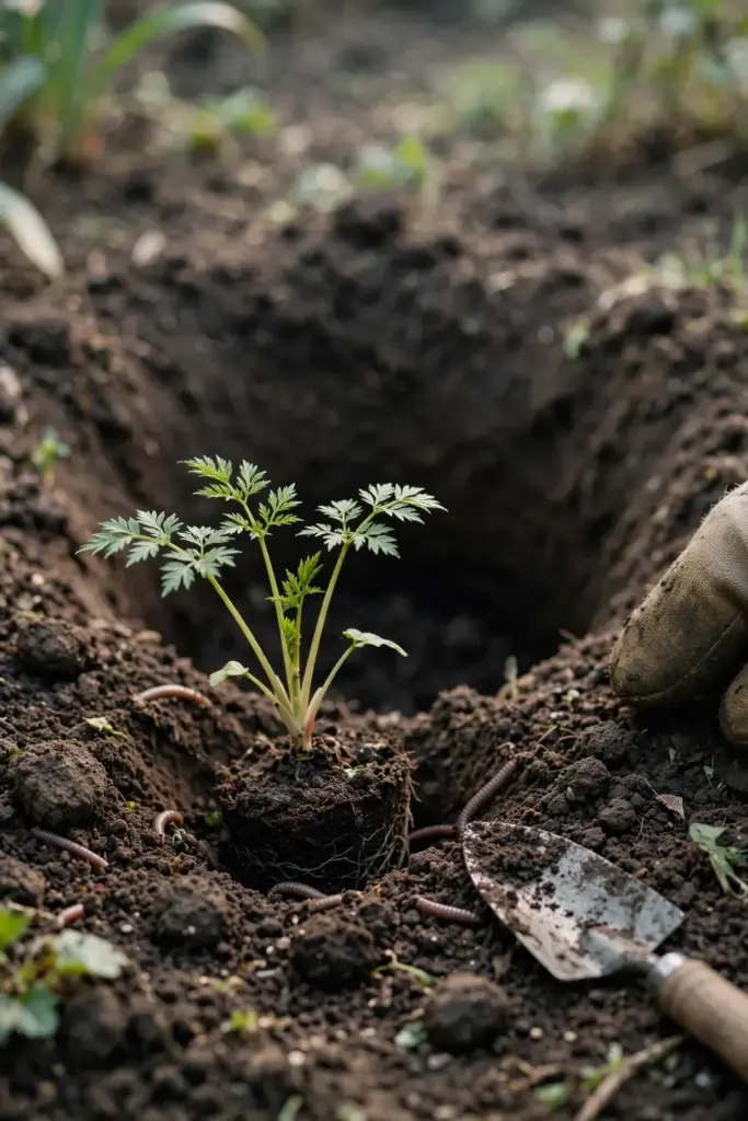 Dang gui seedling being planted into a deep hole in compost-rich garden soil
