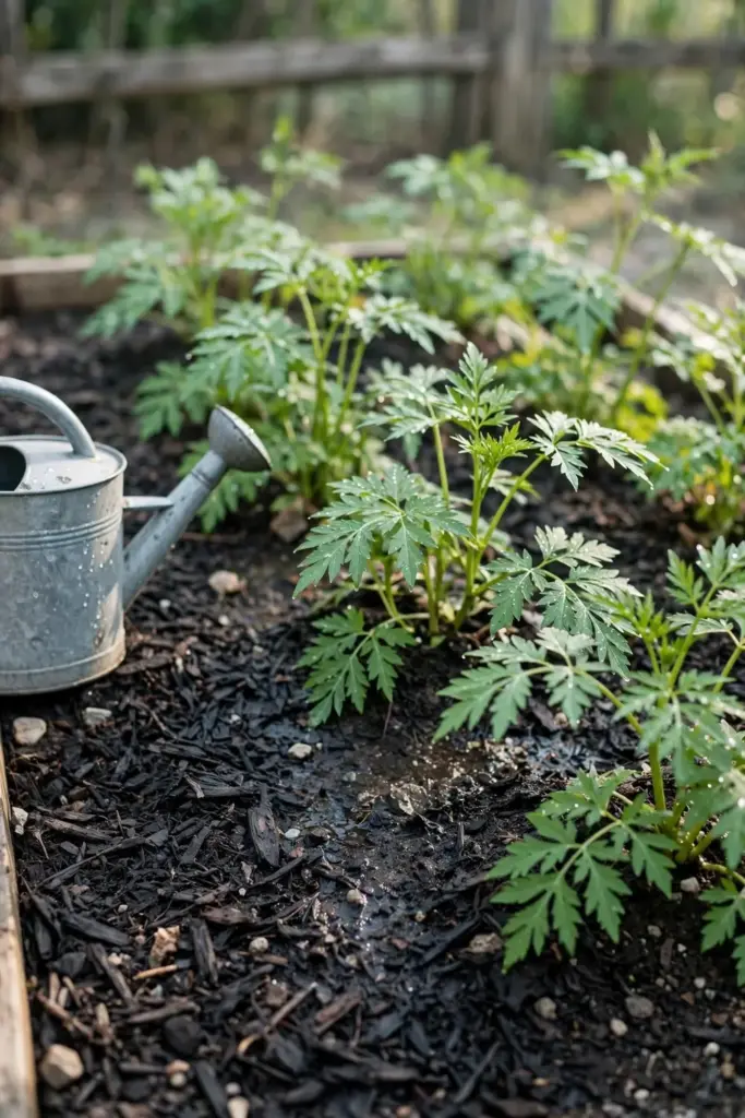 Watering can at the edge of a mulched dang gui bed in morning light