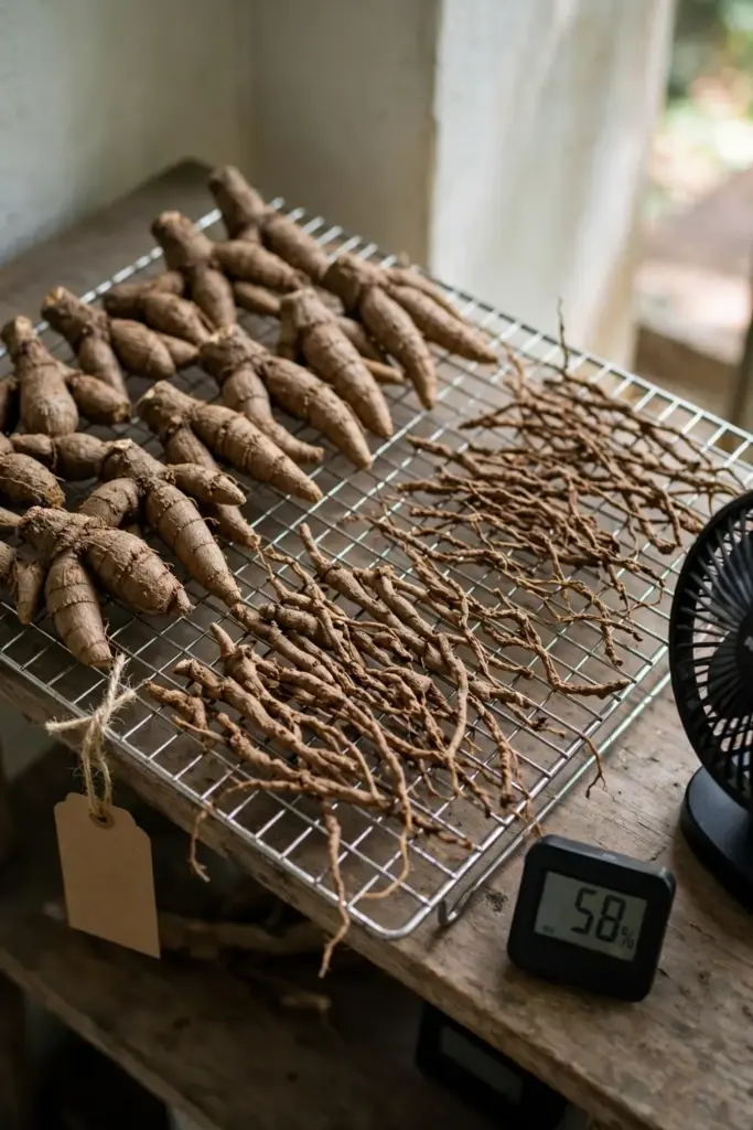 Dang gui roots drying in a single layer on a wire rack in a shaded room