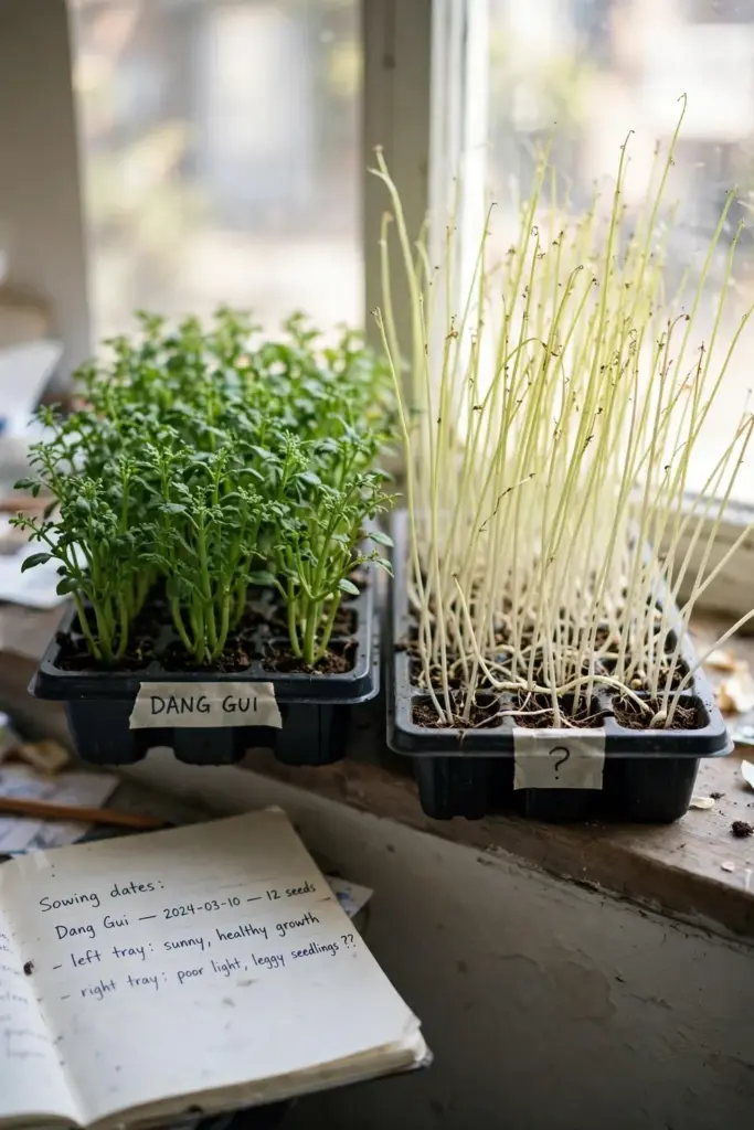 Two seed trays compared, one with healthy seedlings and one with leggy weak ones