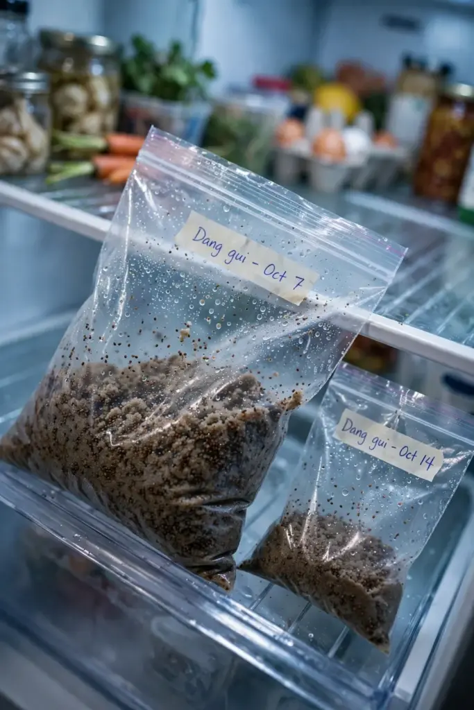 Zip bag of dang gui seed in damp sand stratifying on a refrigerator shelf