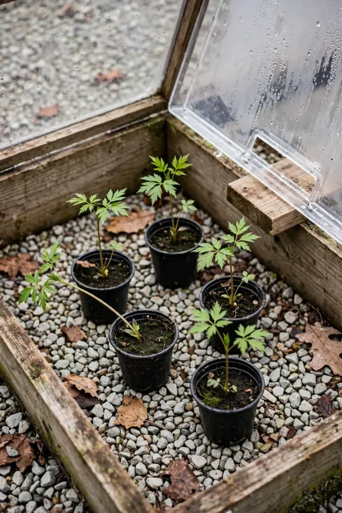 Young dang gui seedlings in pots inside a cold frame for their first winter