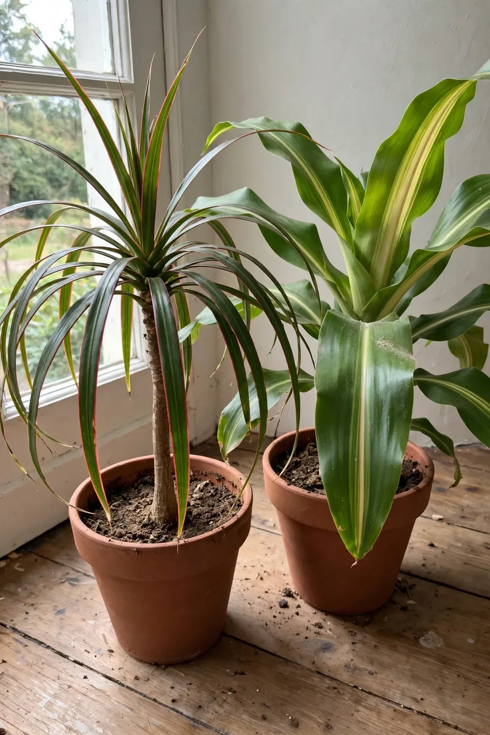 Dragon tree and corn plant in terracotta pots side by side near a bright window