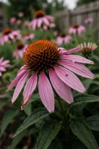 Purple coneflower bloom with drooping pink-purple rays and spiky copper-orange cone in a garden bed