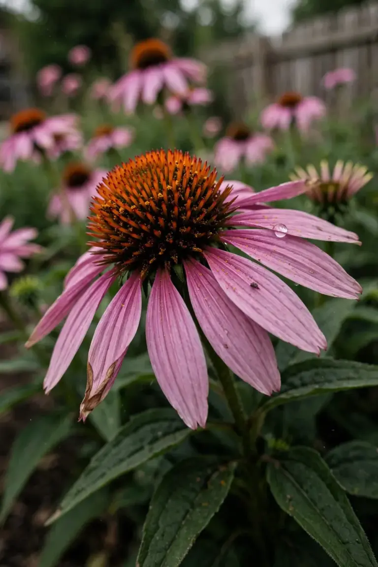 Purple coneflower bloom with drooping pink-purple rays and spiky copper-orange cone in a garden bed