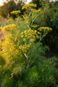 Tall common fennel plants with yellow flower umbels in a sunny garden bed