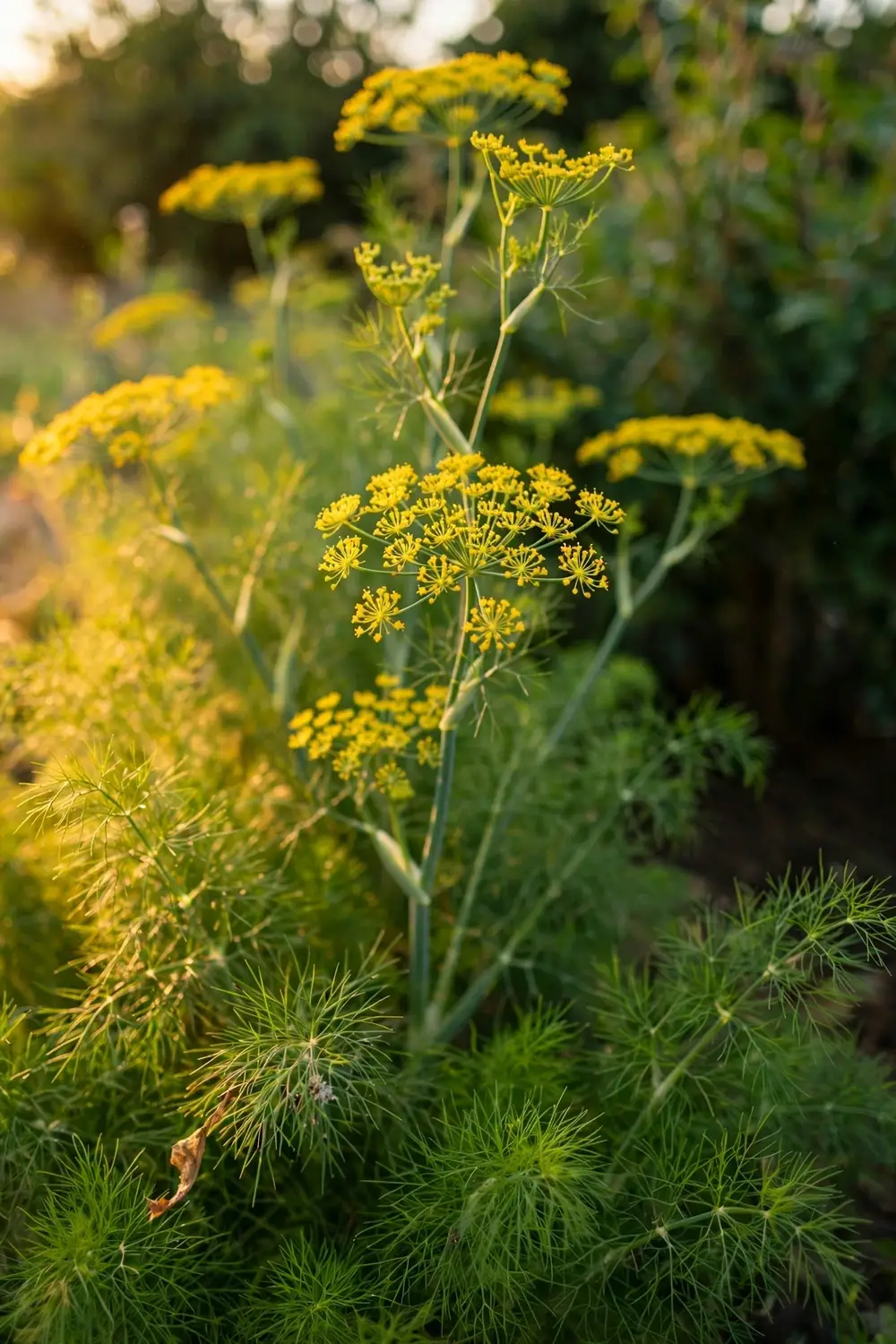 Tall common fennel plants with yellow flower umbels in a sunny garden bed