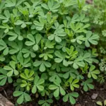 Dense bed of young fenugreek methi plants with trifoliate green leaves in a home garden bed.