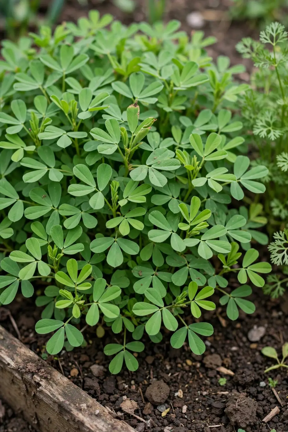 Dense bed of young fenugreek methi plants with trifoliate green leaves in a home garden bed.
