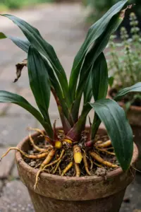 Fingerroot clump with broad green leaves in a terracotta pot on a patio