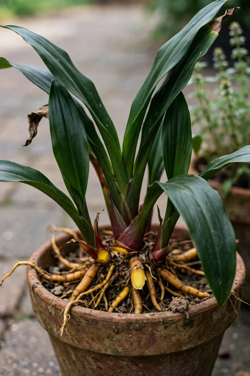 Fingerroot clump with broad green leaves in a terracotta pot on a patio