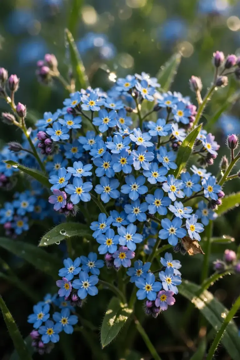Dense drift of sky-blue forget-me-not flowers with yellow eyes in full spring bloom