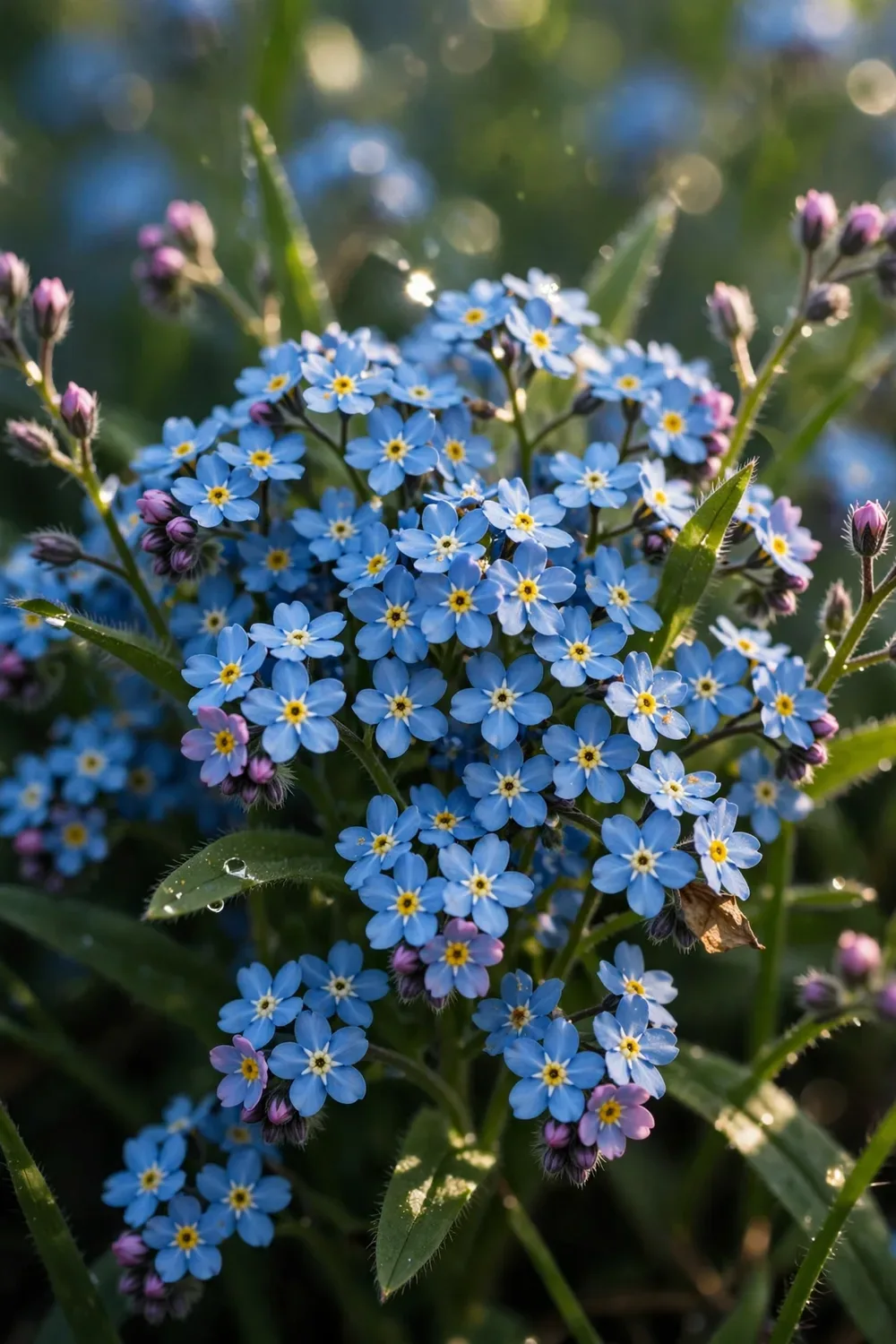 Dense drift of sky-blue forget-me-not flowers with yellow eyes in full spring bloom