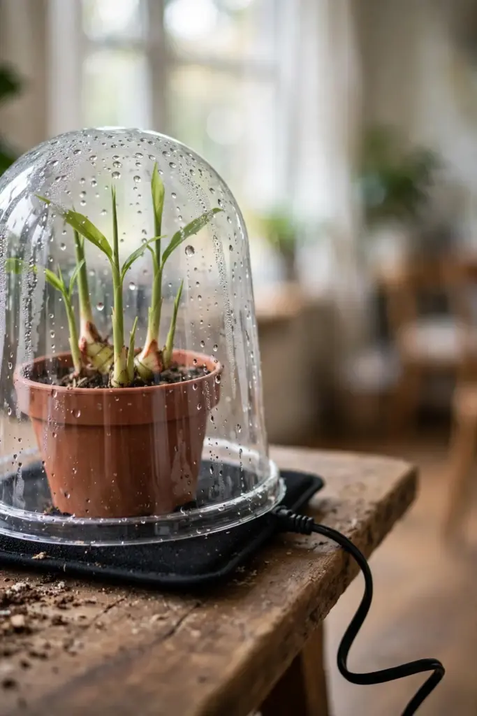 Potted galangal on a heat mat indoors under a humidity dome