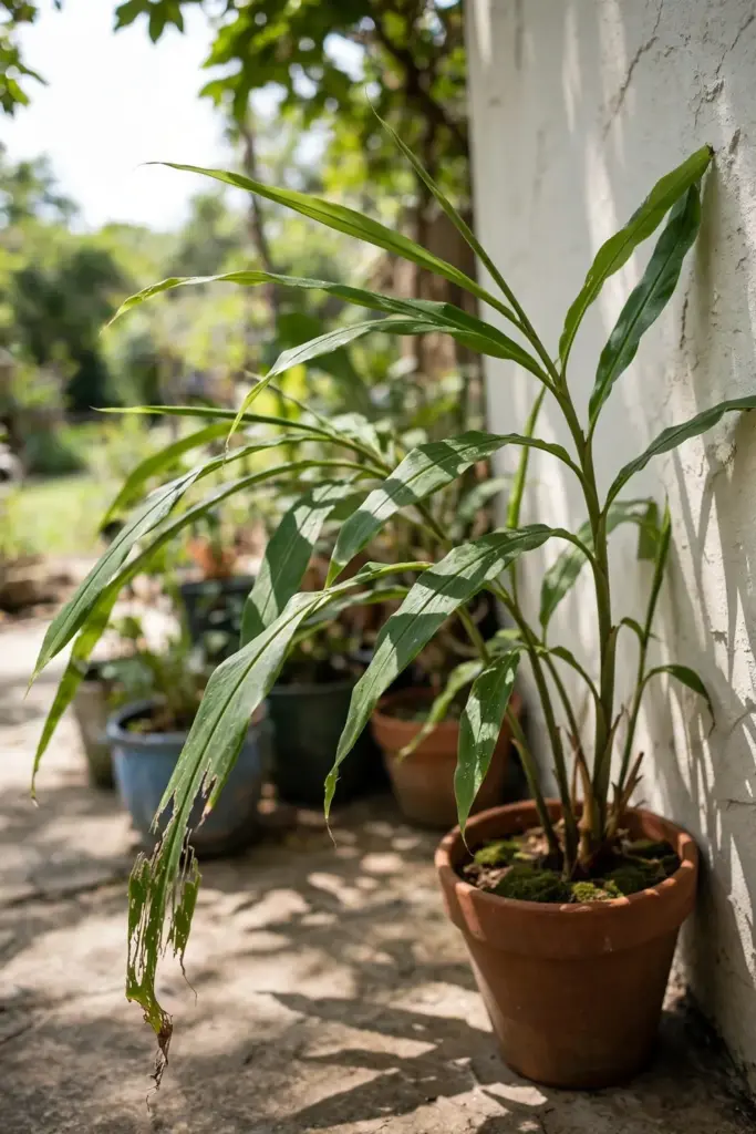 Potted galangal in dappled shade in a sheltered patio corner