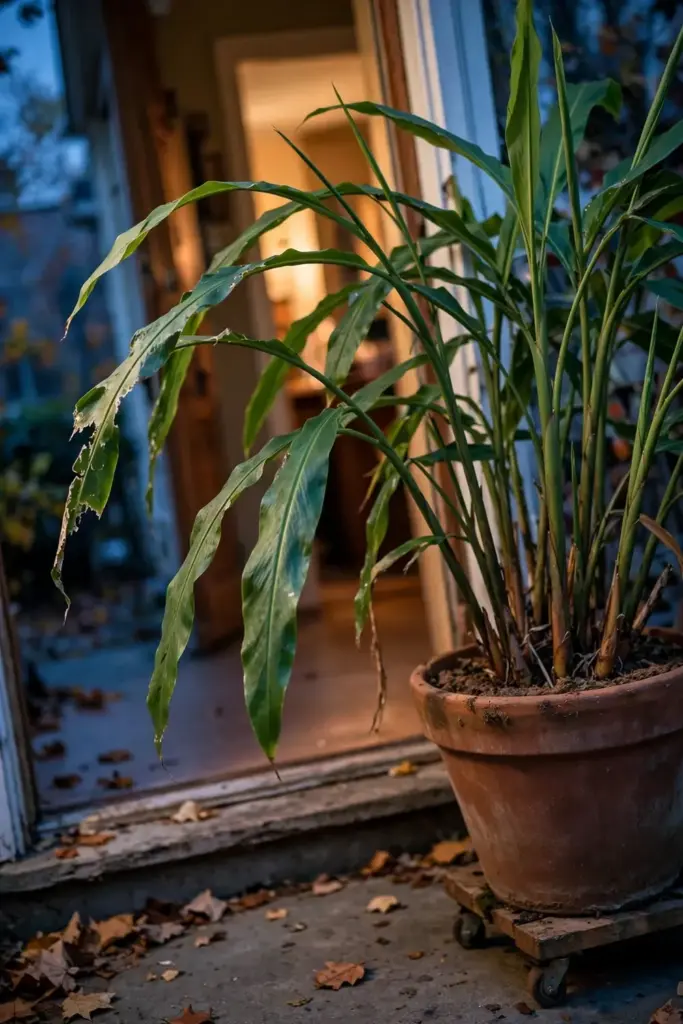 Potted galangal on a doorstep ready to move indoors for winter