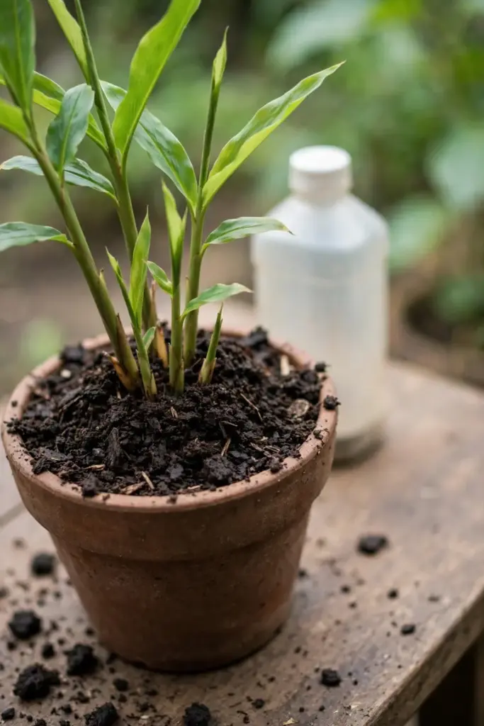 Compost top-dressing spread around galangal shoots in a pot
