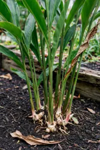 Mature greater galangal clump with tall blade-like leaves and pale rhizomes in a garden bed