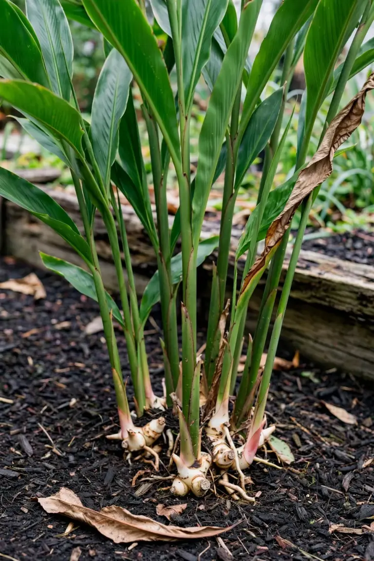 Mature greater galangal clump with tall blade-like leaves and pale rhizomes in a garden bed