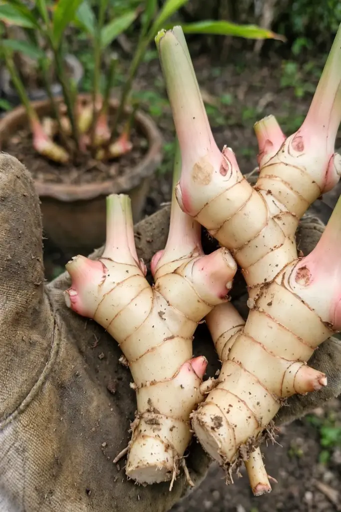 Freshly harvested galangal rhizome fingers with soil brushed off