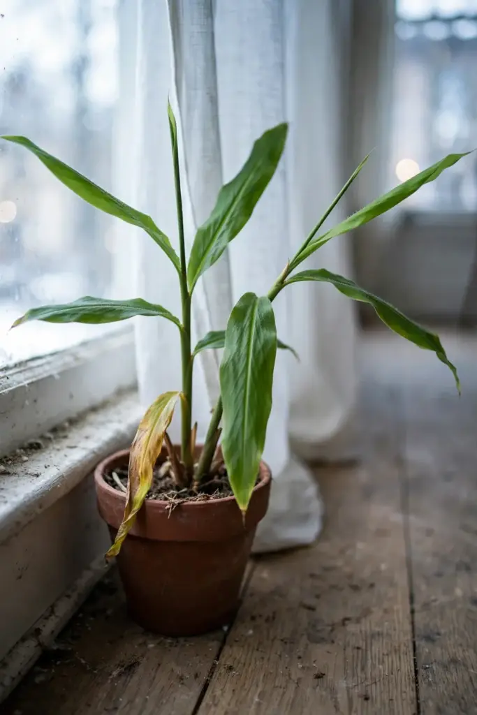 Potted galangal overwintering at a bright indoor window