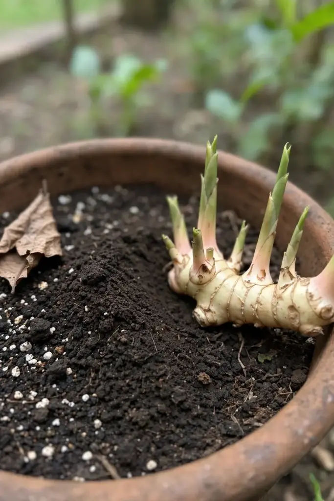 Galangal rhizome laid horizontally in a pot, buds facing up