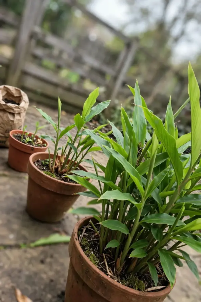 Row of galangal pots at different growth stages on a patio