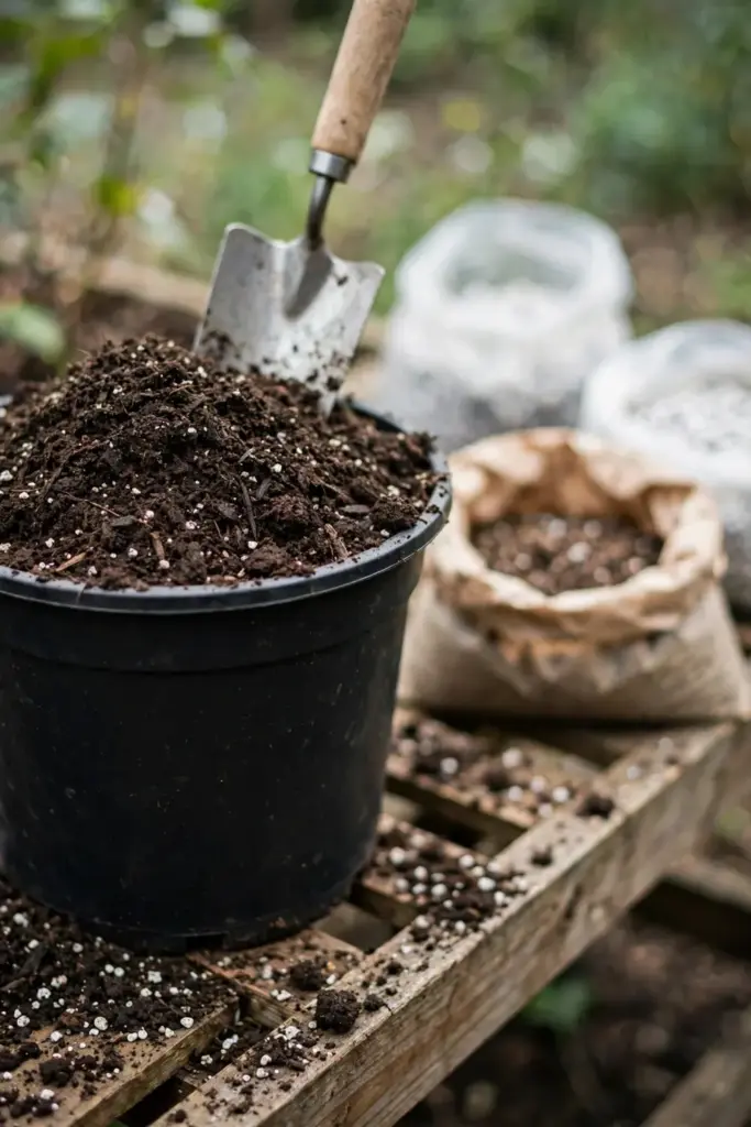 Wide nursery pot filled with gritty potting mix and compost