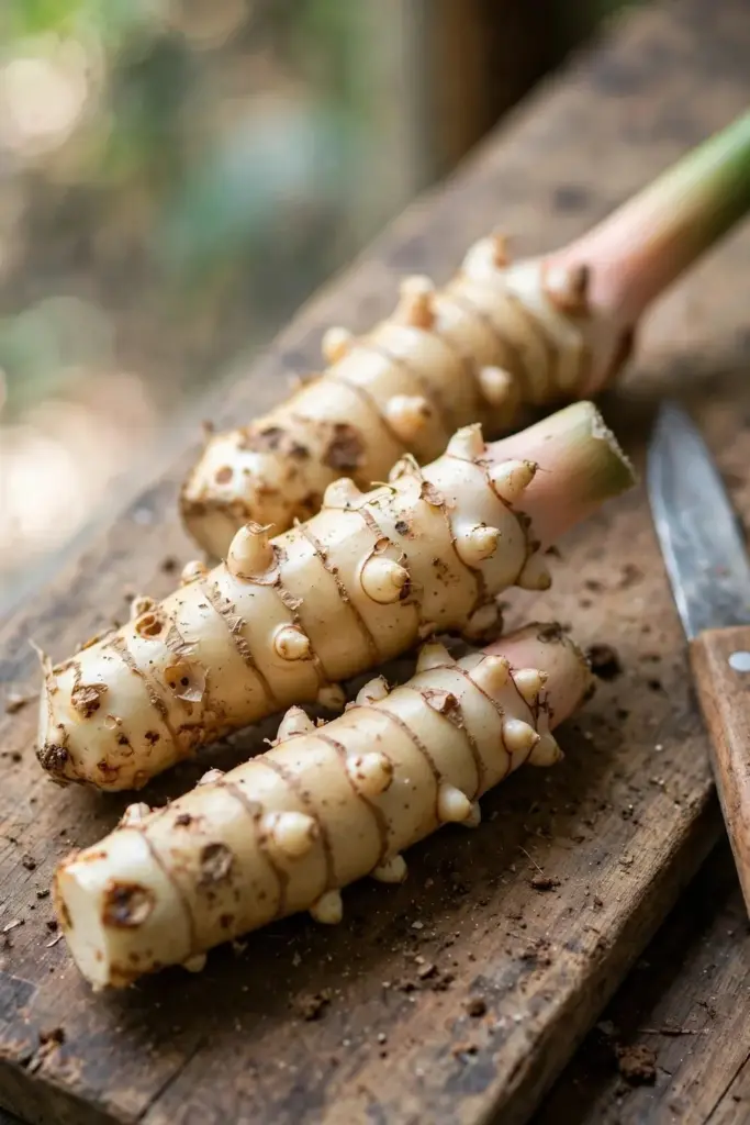 Galangal rhizome pieces with visible growth buds on a timber board