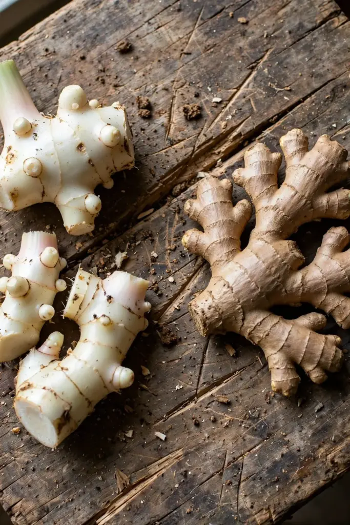 Pale galangal rhizome beside tan ginger rhizome for comparison