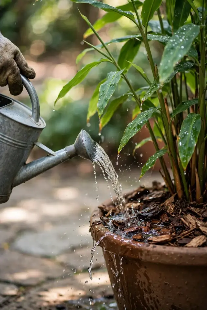 Watering a potted galangal with a metal watering can
