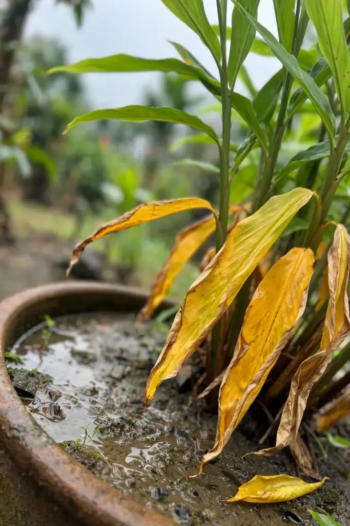 Galangal leaves yellowing from overwatering in a pot