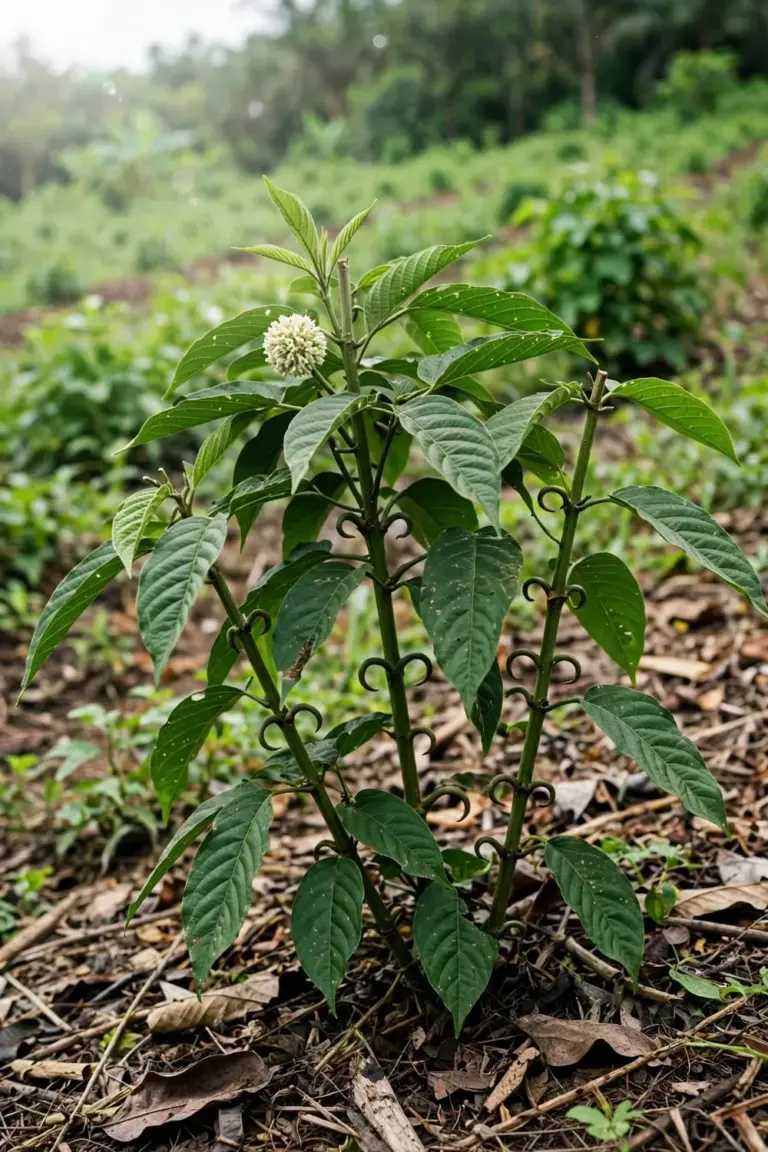 Gambir vine with hooked stems and oval leaves forming a bush in a tropical field