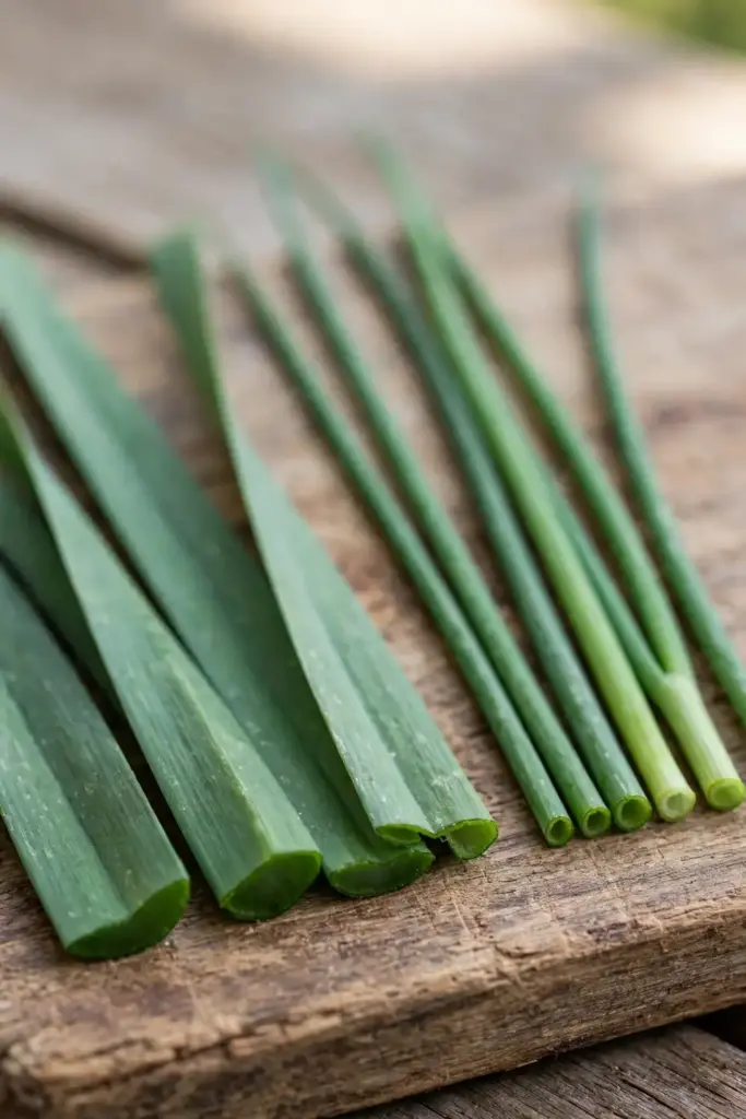Garlic chives beside onion chives showing flat versus round leaves