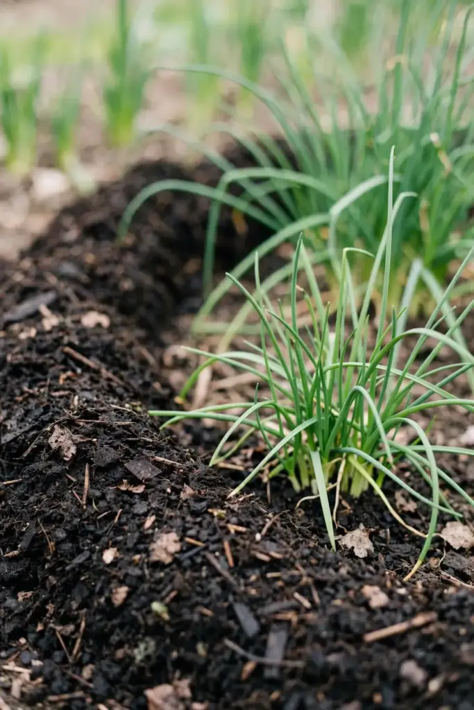 Compost spread around a garlic chive clump in spring