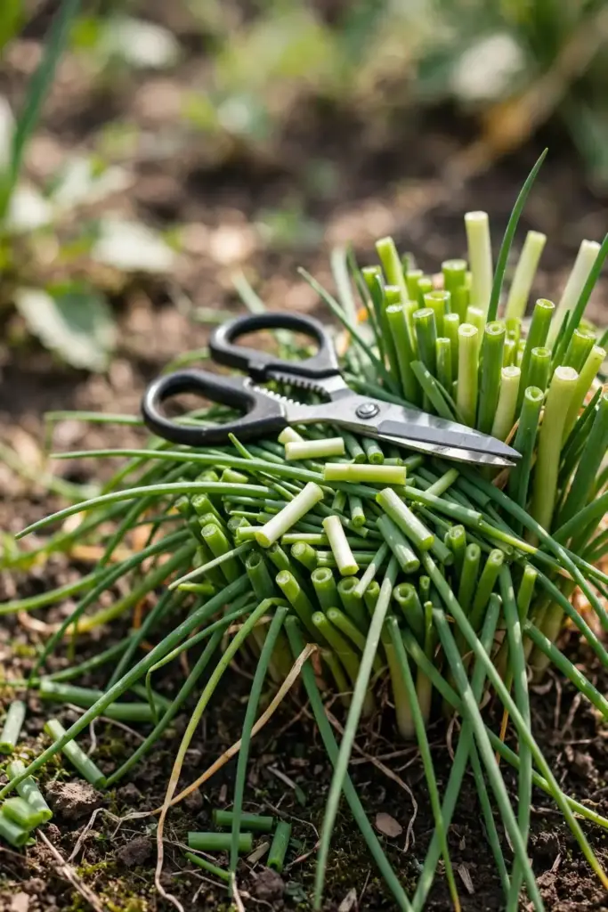 Garlic chive leaves being cut with scissors above the crown