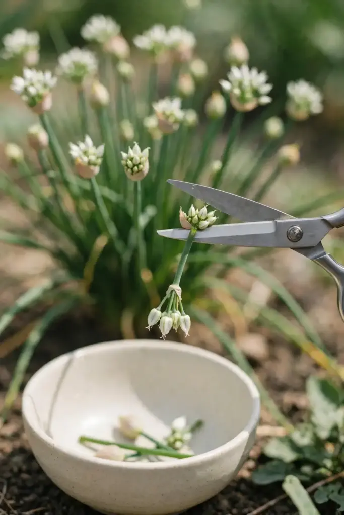 Garlic chive flower buds being snipped for deadheading