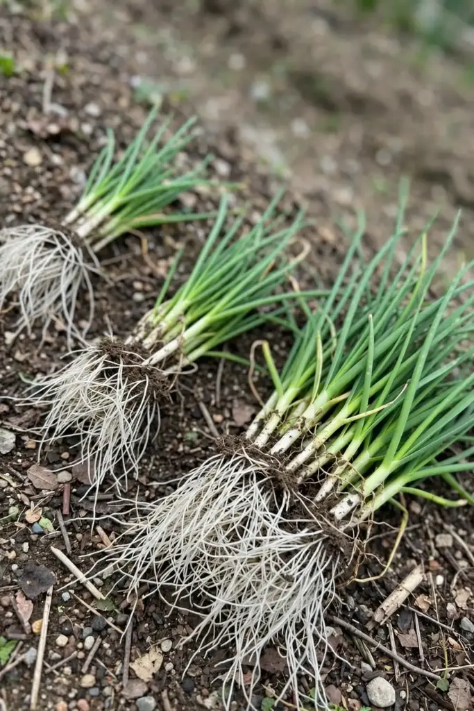 Garlic chive clump divided into fist-sized sections with roots