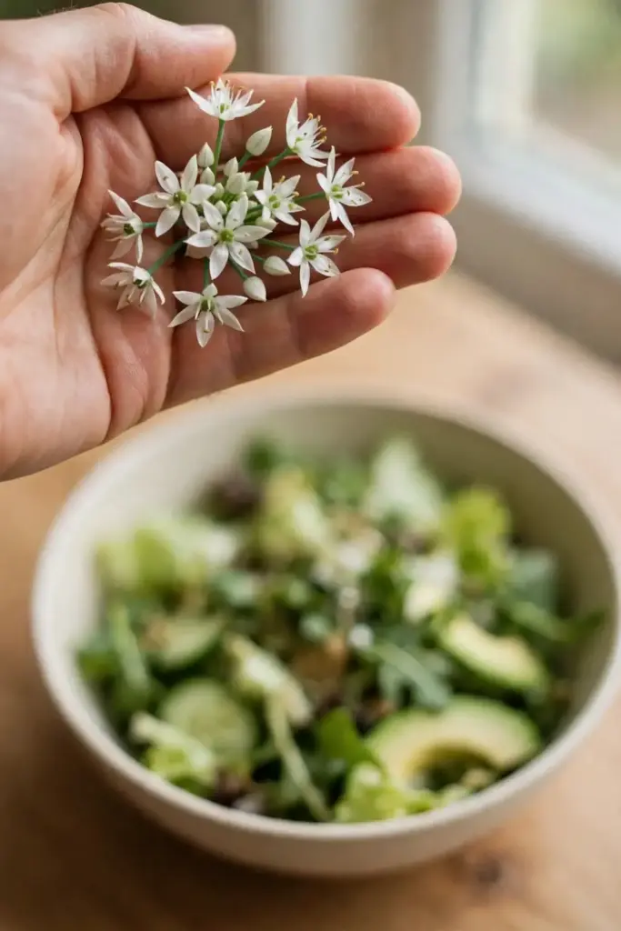 Hand holding white garlic chive flower stars above a salad bowl
