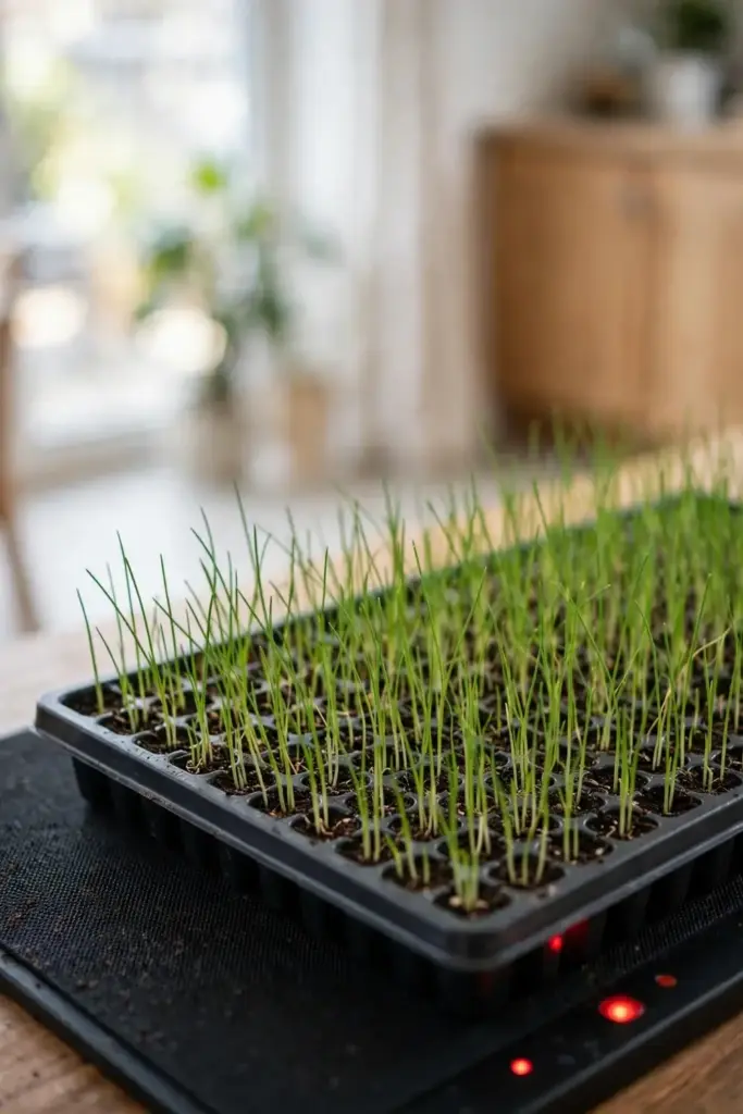 Garlic chive seedlings sprouting on a heat mat with a thermometer