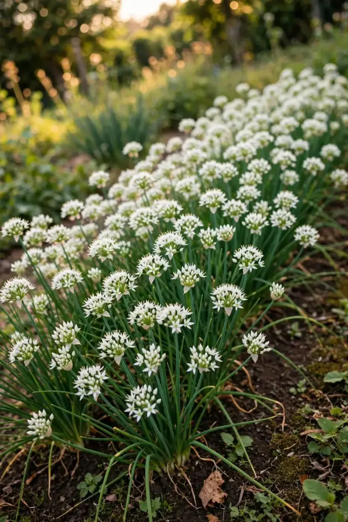 Mature garlic chive bed with white flowers in a summer garden