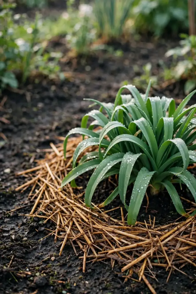 Garlic chive clump with straw mulch and moist soil
