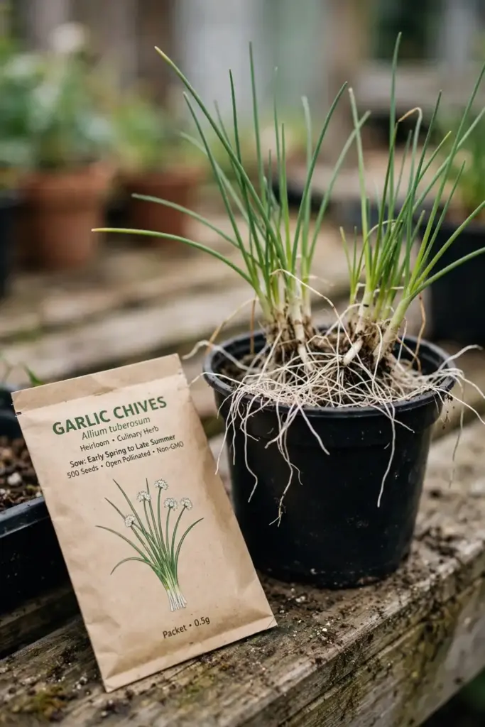 Garlic chive seed packet beside a divided clump in pots