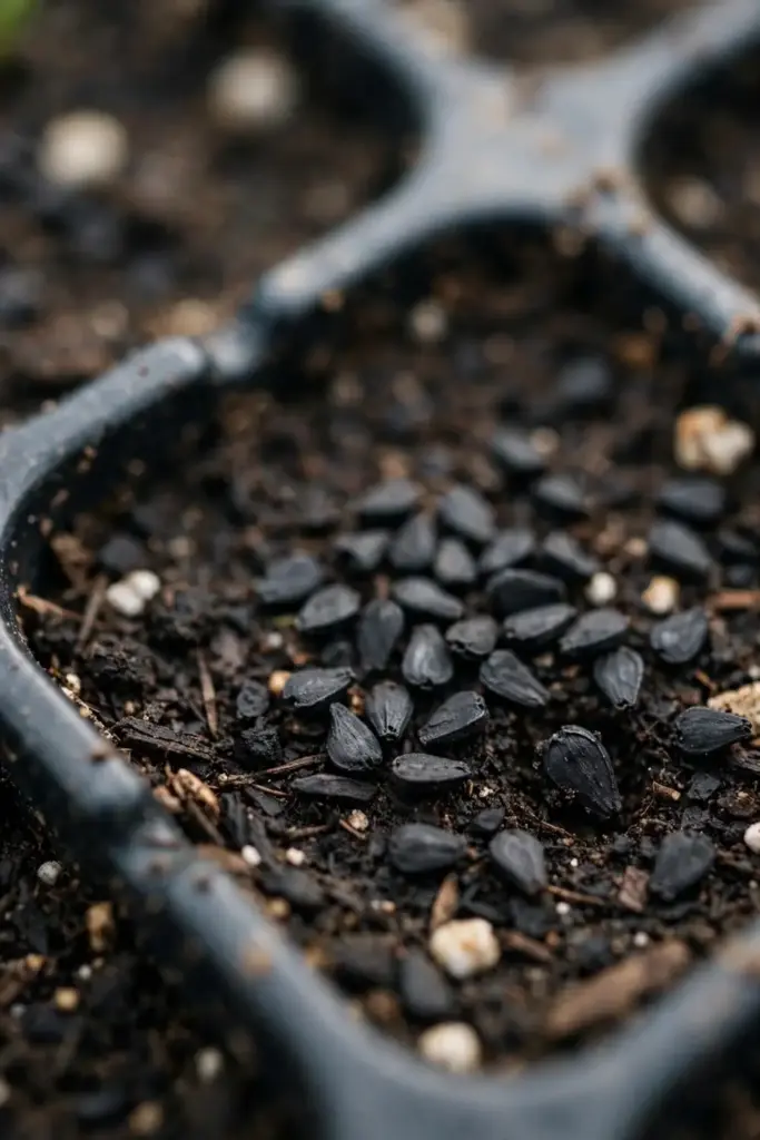 Black garlic chive seeds sown shallowly in a seed tray cell