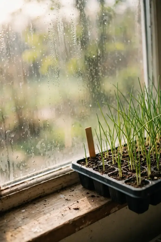 Garlic chive seed tray labeled on a bright windowsill in spring