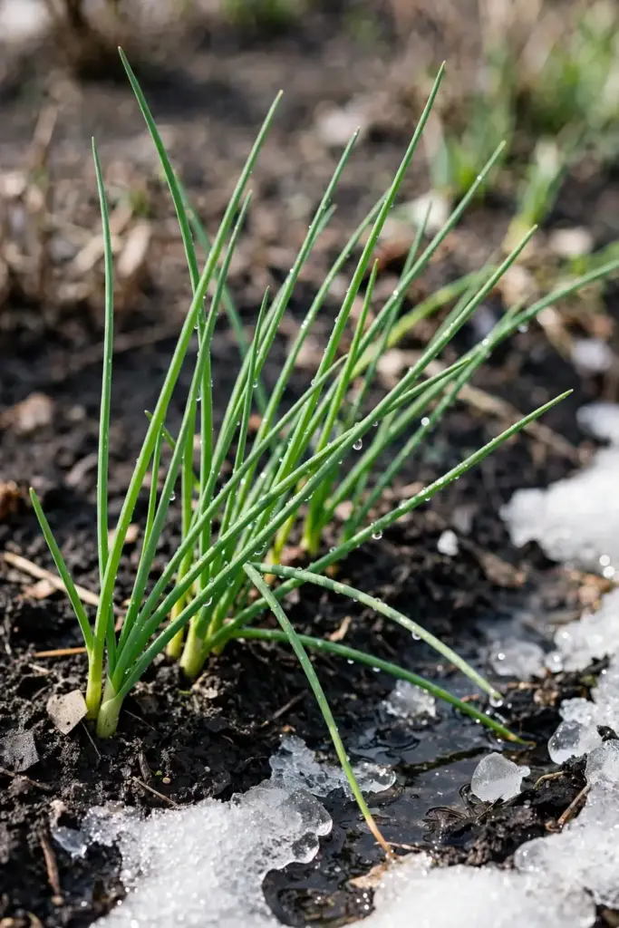 Garlic chive clump re-sprouting in early spring after winter